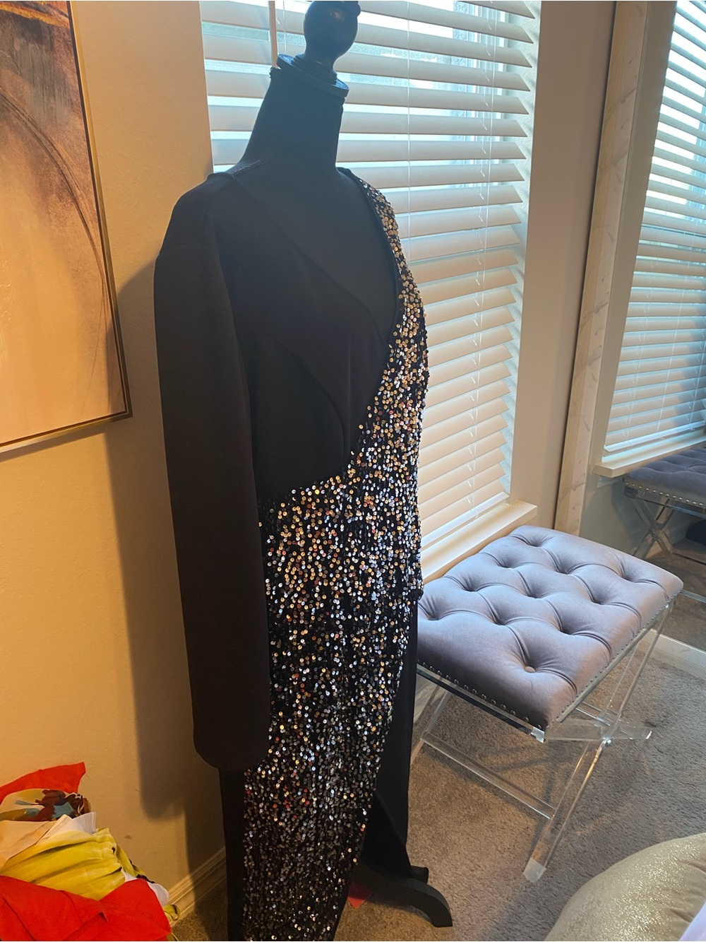 Black Sequin faux Wrap-Front Evening Dress